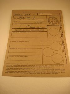 National Registration Identity Card 1945 - Under 16 Years - inside page with surname removed.